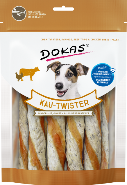 Dokas Kau-Twister 200 g – Rinderhaut, Pansen & Hühnerbrustfilet