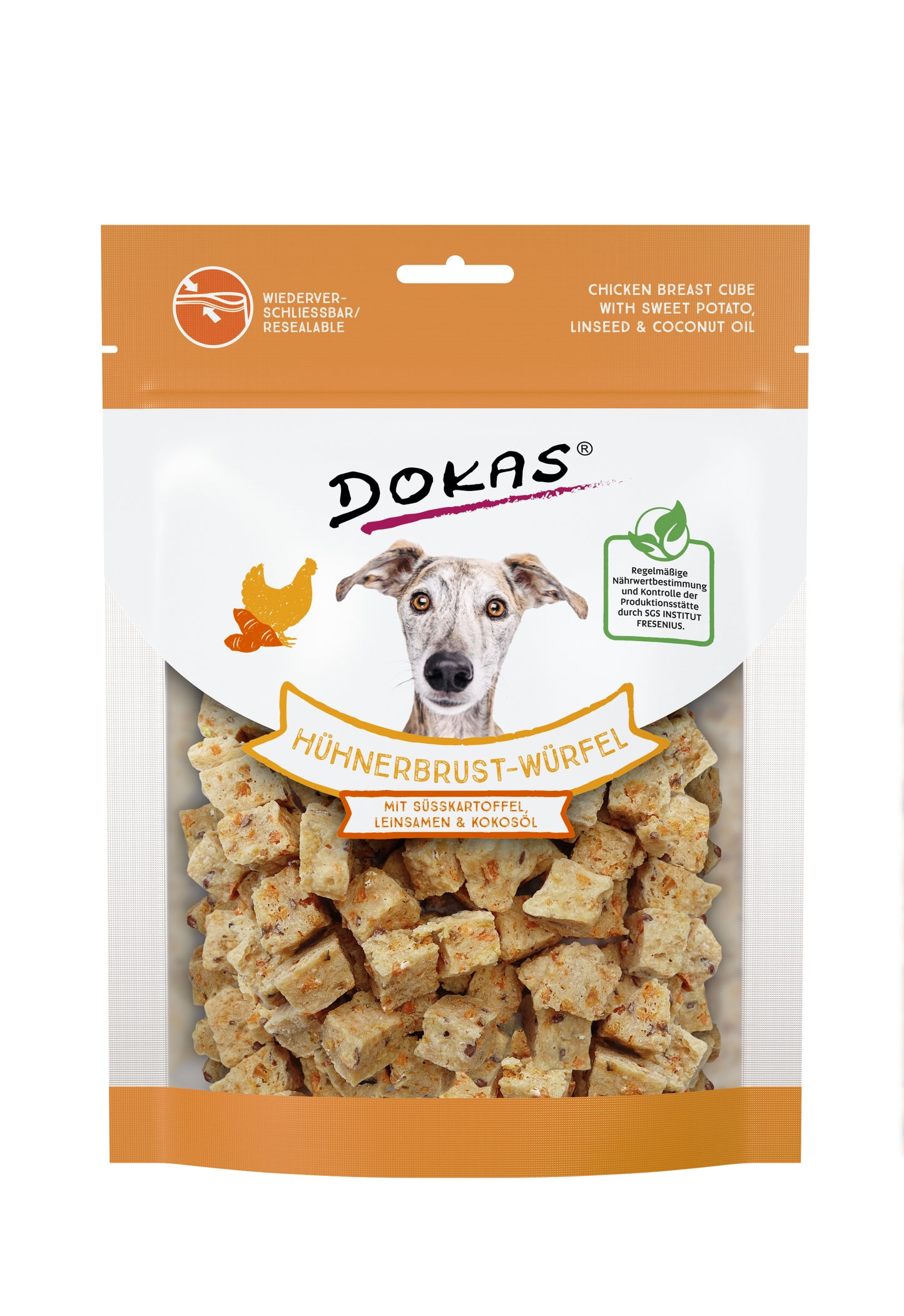 Dokas Hühnerbrust-Würfel mit Süßkartoffel, Leinsamen und Kokosöl Hundesnack Leckerli Snack 150gr