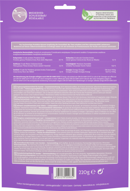 Dokas Hühnerbrust mit Fisch Proteinreicher Hundesnack Omega-3 220gr