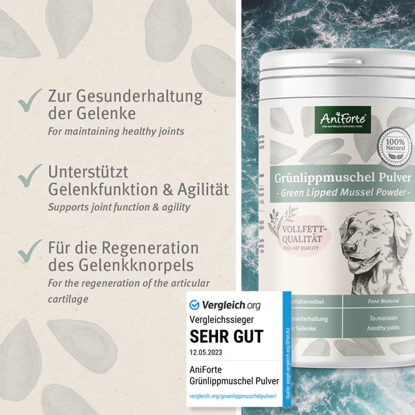 AniForte® Grünlippmuschelpulver, Gesunde Gelenk- und Knorpelfunktion für Hund & Katze