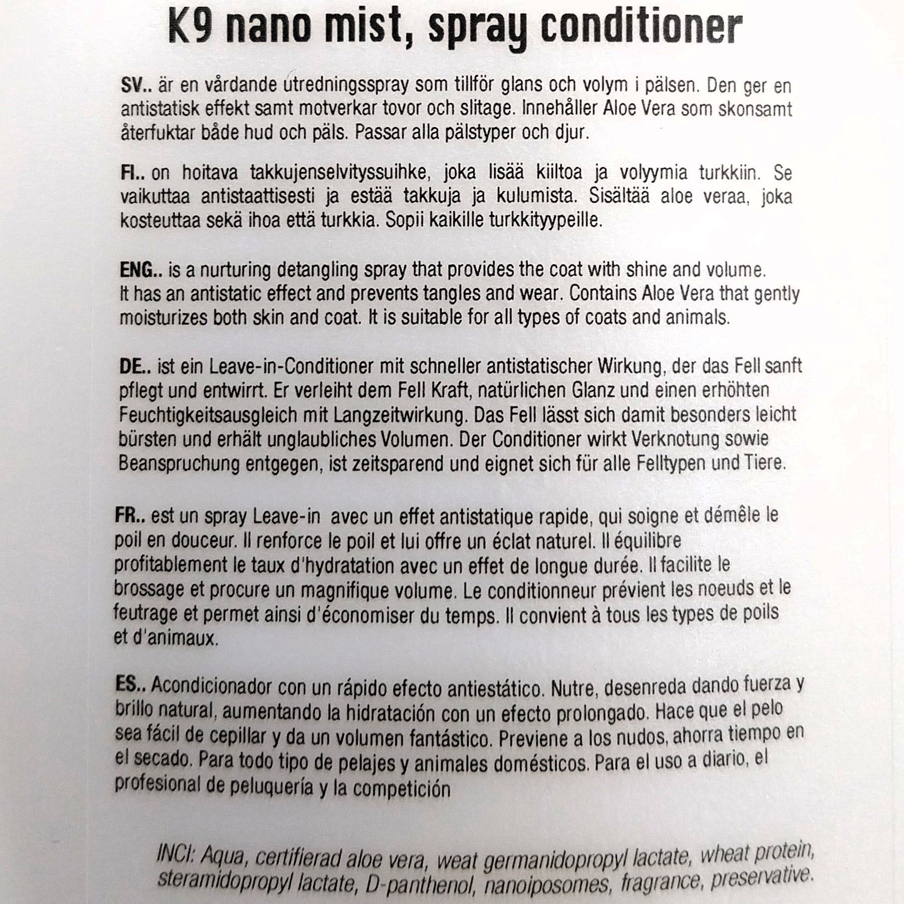 K9 Aloe Vera Nano Mist pflegender und stärkender Leave-in Conditioner für Hunde und Katzen, 250 ml