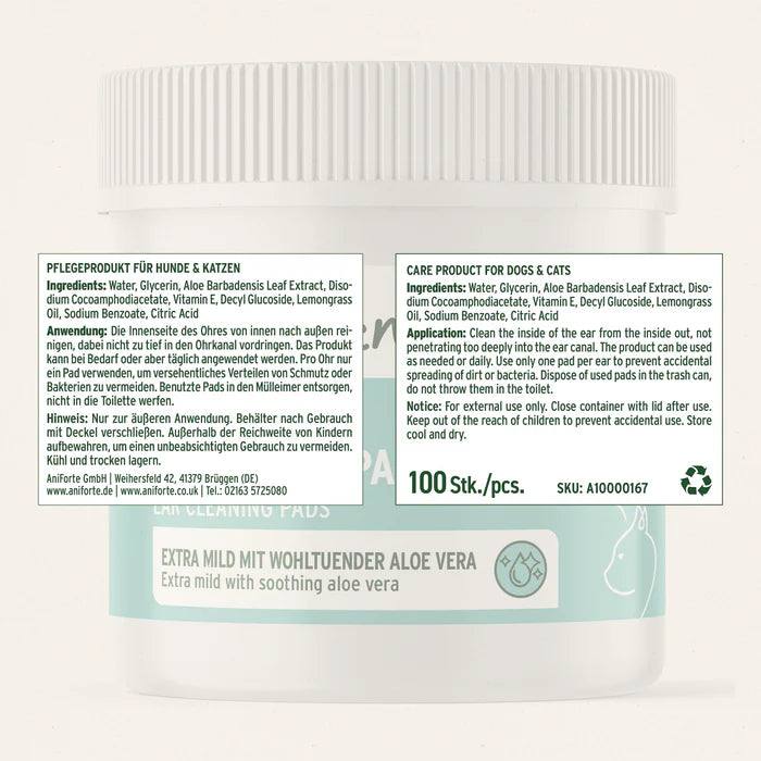 AniForte Ohren-Reinigungspads, schonende Ohrenpflege mit Aloe Vera für Hunde & Katzen, 100 Stück