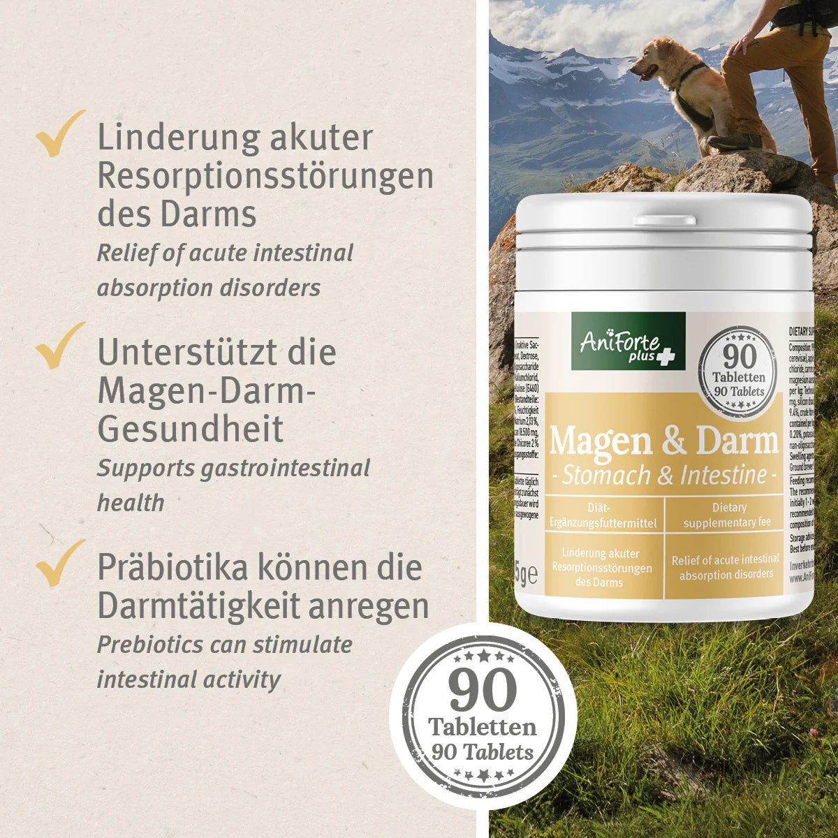 AniForte® plus Magen & Darm zur Linderung akuter Resorptionsstörungen des Darms für Hunde, 90 Stück