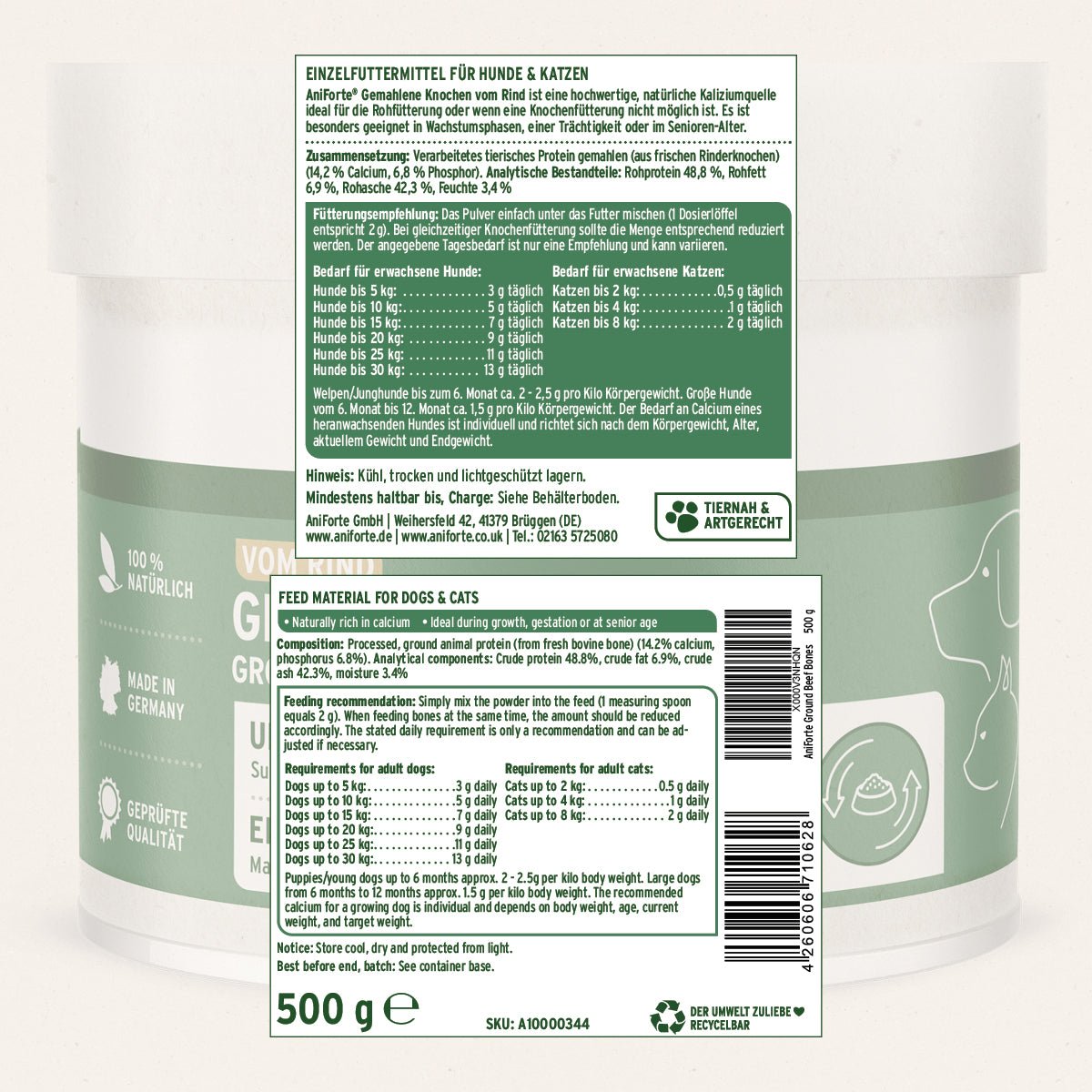 Aniforte BARF-Line Gemahlene Rinderknochen – Calcium für starke Knochen Gelenke