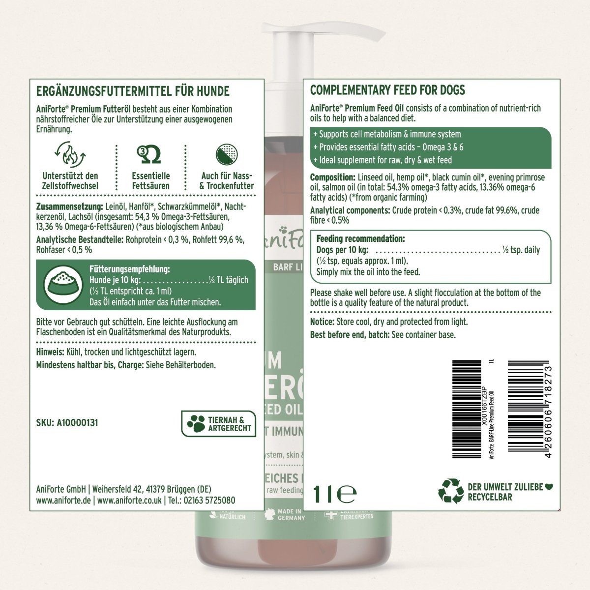 Aniforte BARF-Line Premium Futteröl Essenzielle Fettsäuren & Fellpflege für Hunde