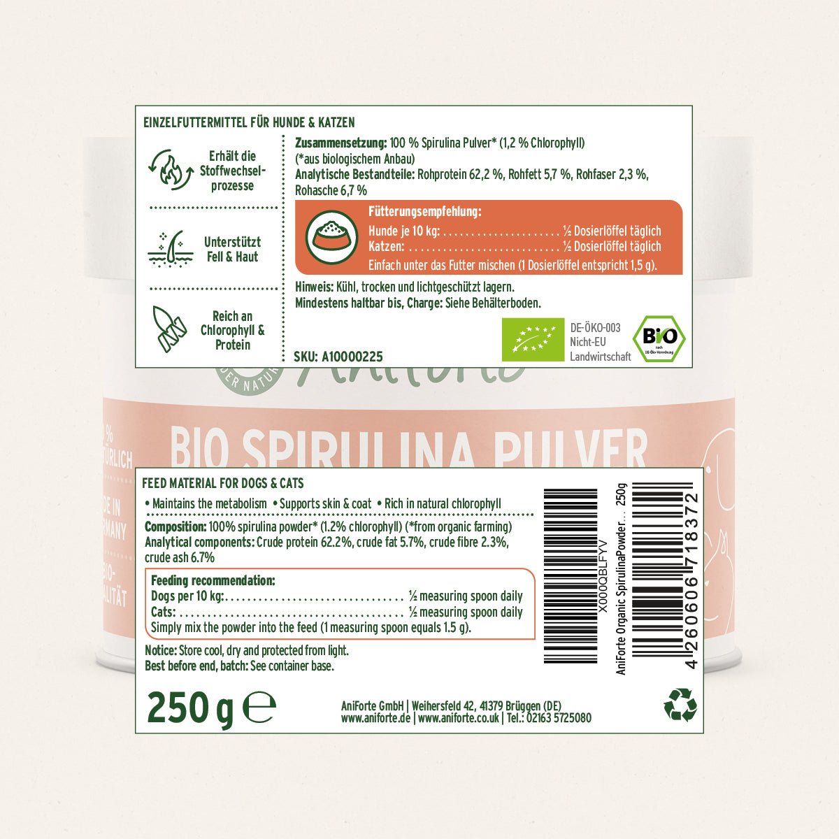 AniForte Bio Spirulina Pulver Immunsystem & Stoffwechsel für Hunde & Katzen 250gr