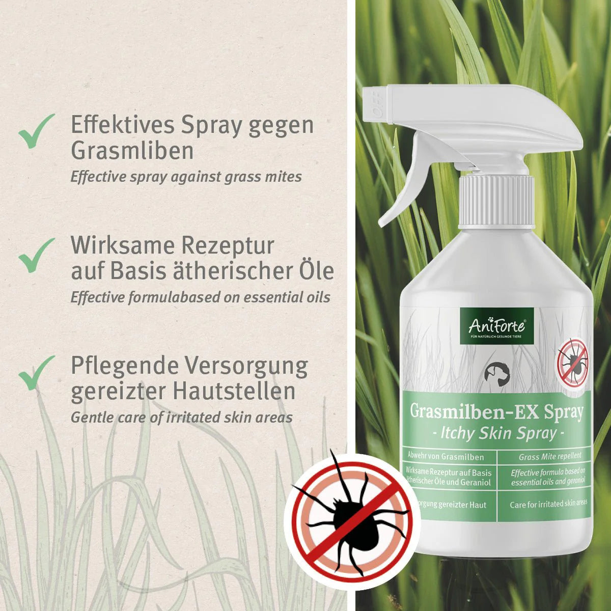 AniForte Grasmilben-EX Spray - Repellent zur Grasmilbenabwehr mit Pflege gereizter Hautstellen, für Hunde