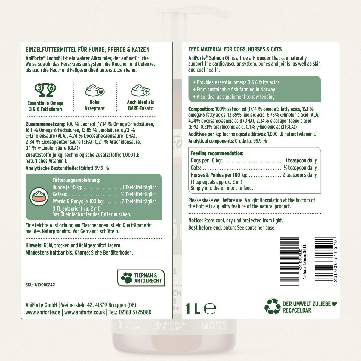 AniForte® Lachsöl unterstützt die Haut & glänzendes Fell für Hund, Katze und Pferd