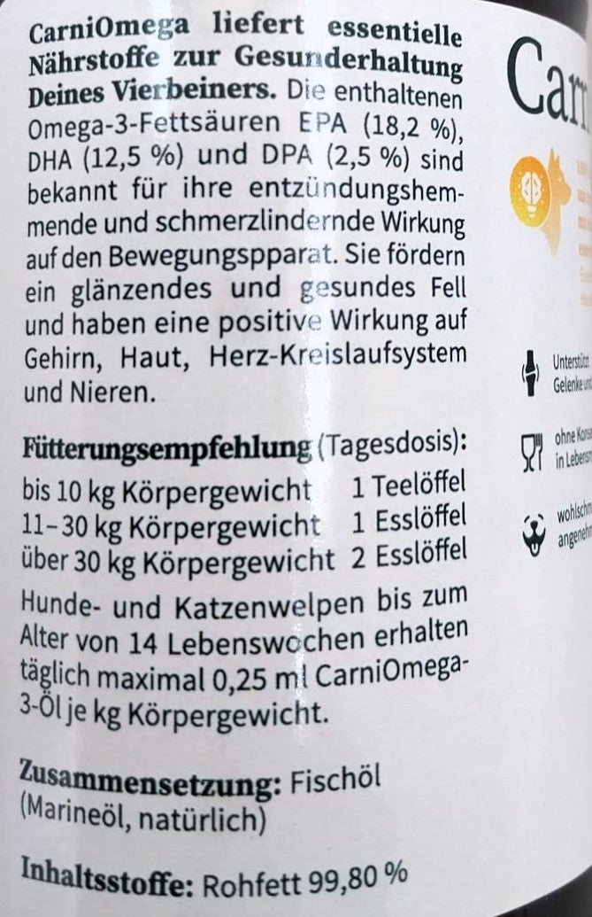 CarniMed CarniOmega Fischöl, hochwertige Omega-3-Fettsäuren für Hunde, 250ml