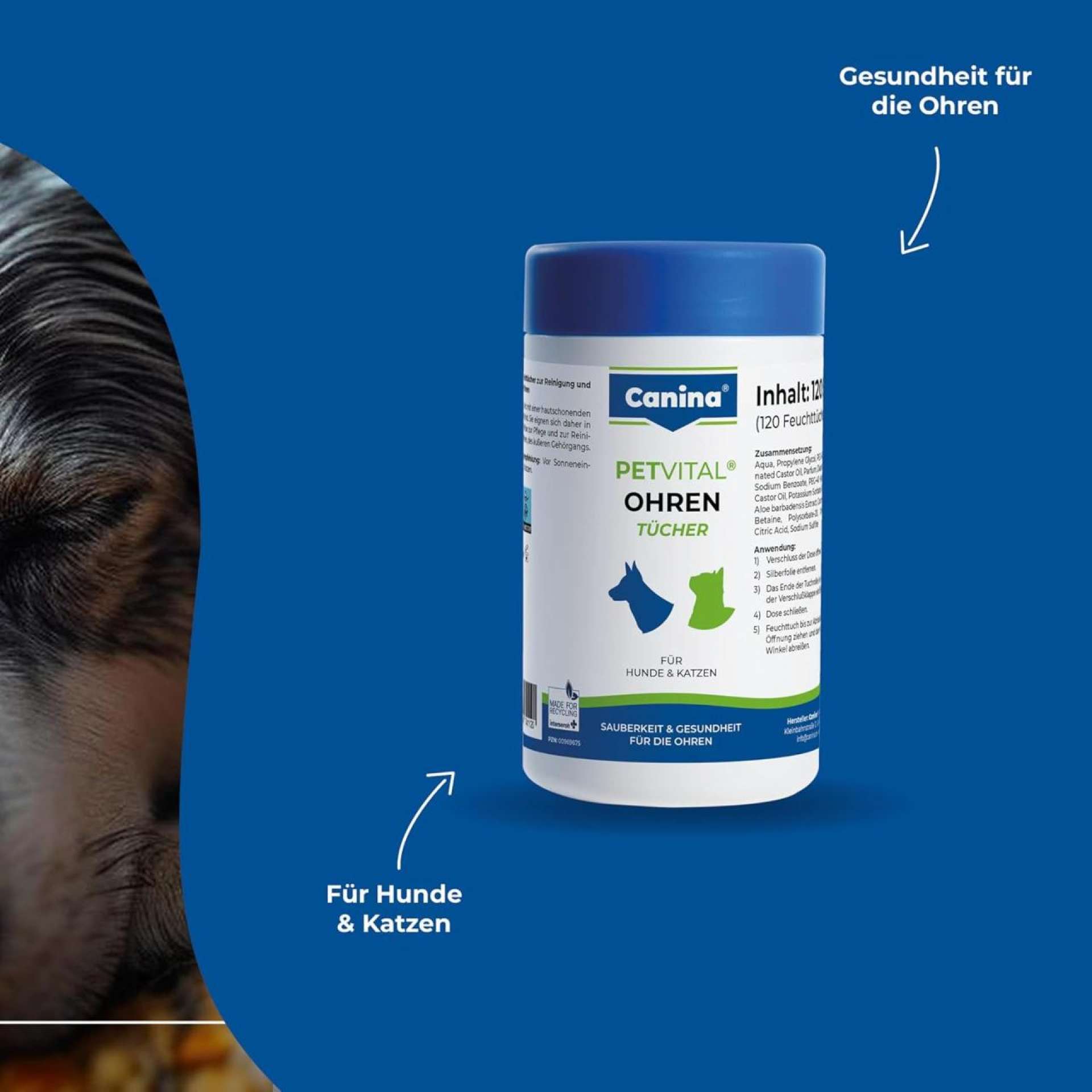 Canina Petvital Ohrentücher Feuchttücher 120 Stück Ohrenreinigung Hund Katze