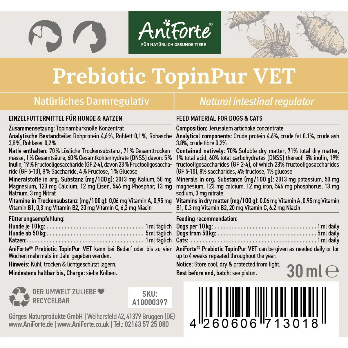 AniForte Prebiotic TopinPur VET, natürliches Darmregulativ für Hund & Katze, 30 ml