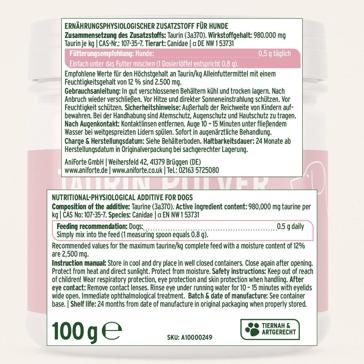Aniforte Taurin Pulver für Hunde – Herz-Kreislauf-Stärkung & Ausgleich 100g