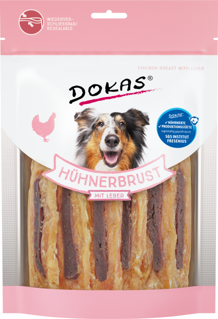 Dokas Hühnerbrust mit Leber 220 g – Hundesnack mit Hähnchenleber