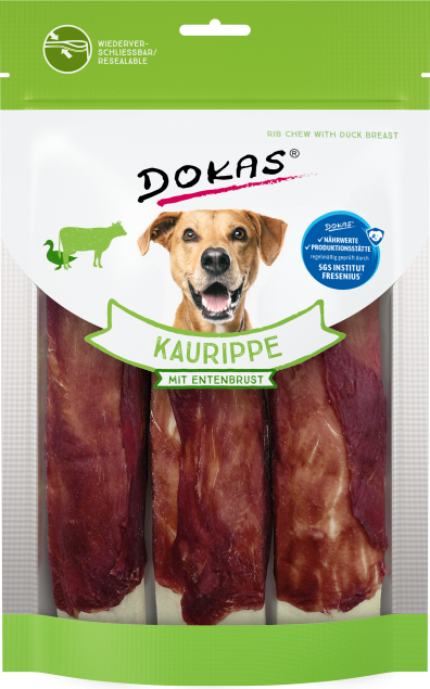Dokas Kaurippe mit Entenbrust 210 g – Kausnack aus Rinderhaut, 3 Stück