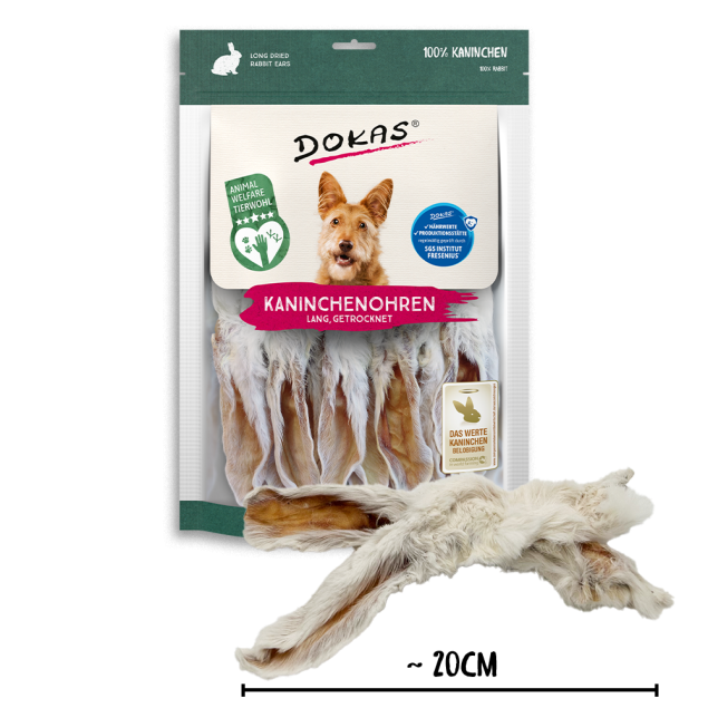 Dokas Kaninchenohren mit Fell lang – Natürlicher Kausnack für Hunde