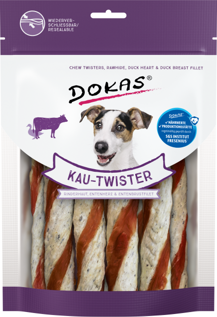 Dokas Kau-Twister mit Ente – Rinderhaut-Kausnack für Hunde
