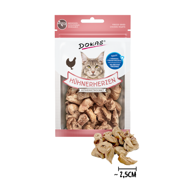 Dokas Gefriergetrocknete Hühnerherzen für Katzen – 100 % natürlicher Snack
