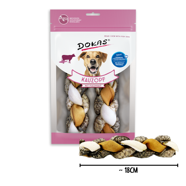 Dokas Kauzopf mit Fischhaut – Geflochtener Kausnack mit Tilapia