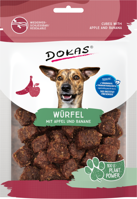 Dokas Würfel mit Apfel & Banane 105 g – pflanzlicher Hundesnack