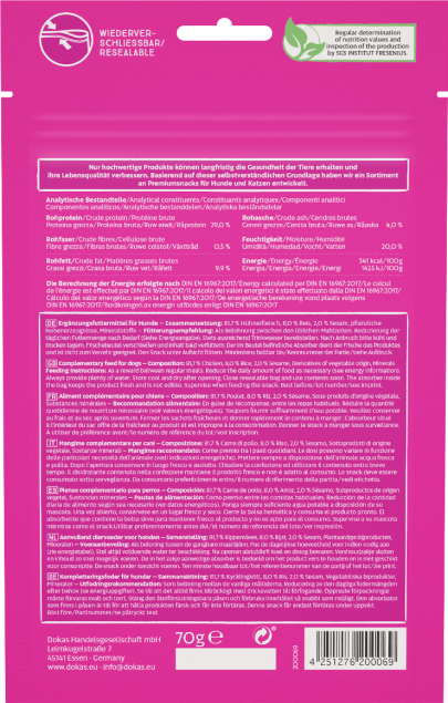 Dokas Hühnchen mit Reis und Sesam – Nährstoffreicher Hundesnack 70g