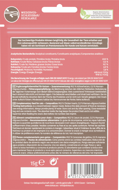 Dokas Gefriergetrocknete Hühnerherzen für Katzen – 100 % natürlicher Snack