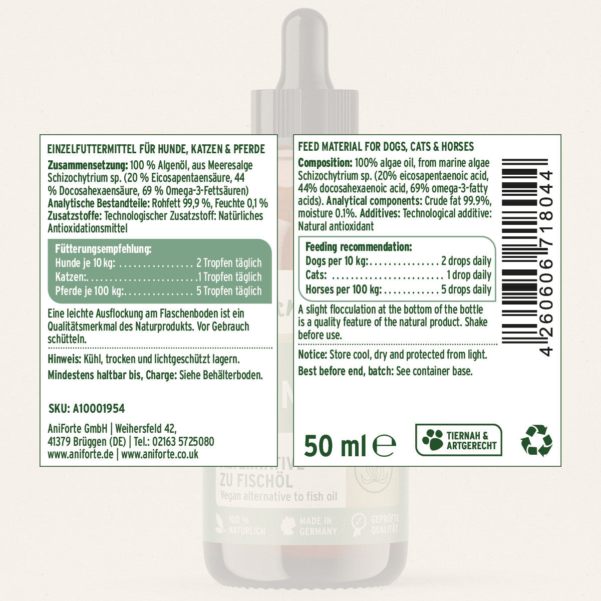 AniForte Algenöl Omega-3 für Haut & Stoffwechsel Vegan Hund, Katze, Pferd 50ml
