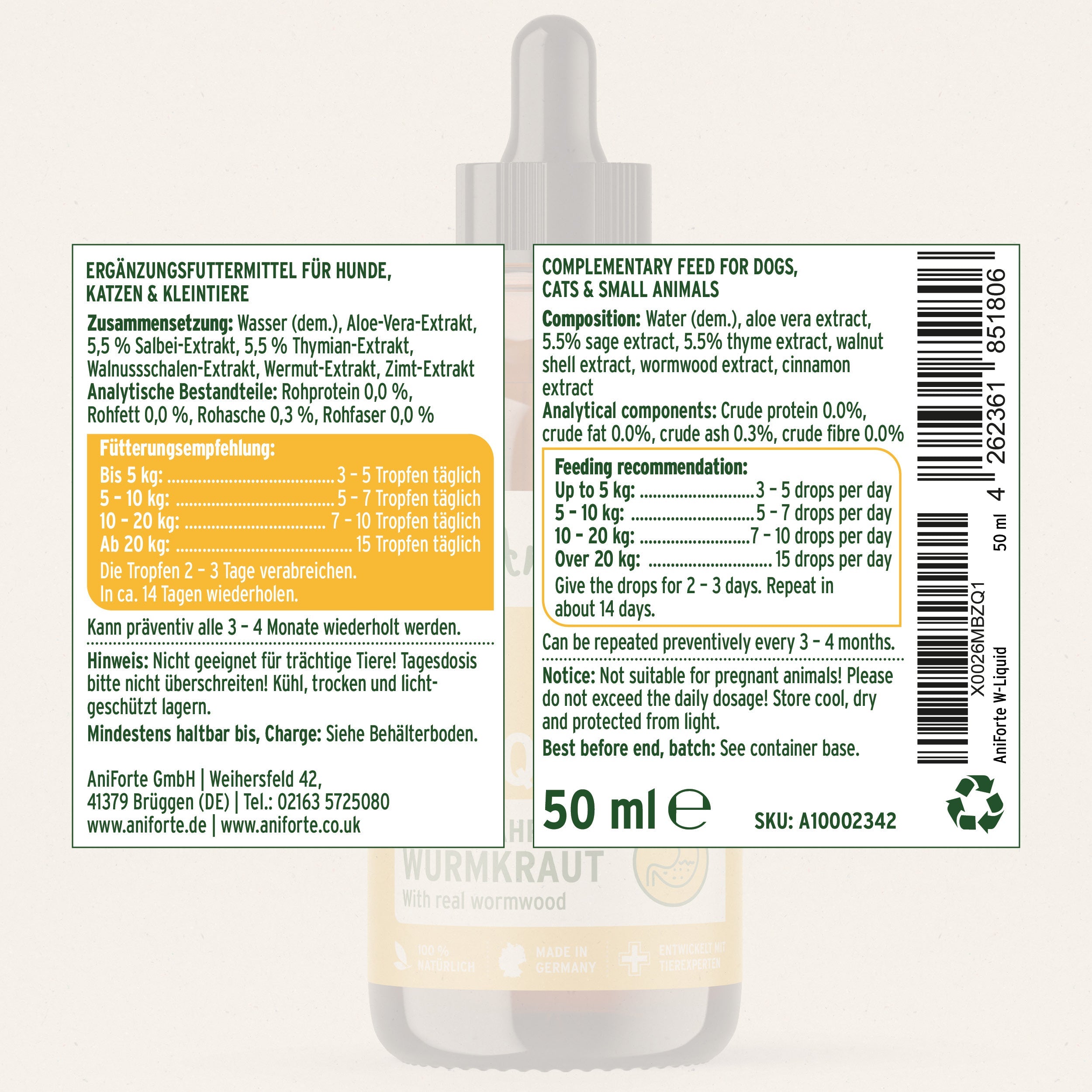 AniForte W-Liquid, Unterstützung für die Darmabwehr mit Wurmkraut Hunde, Katzen und Kleintiere, 50 ml