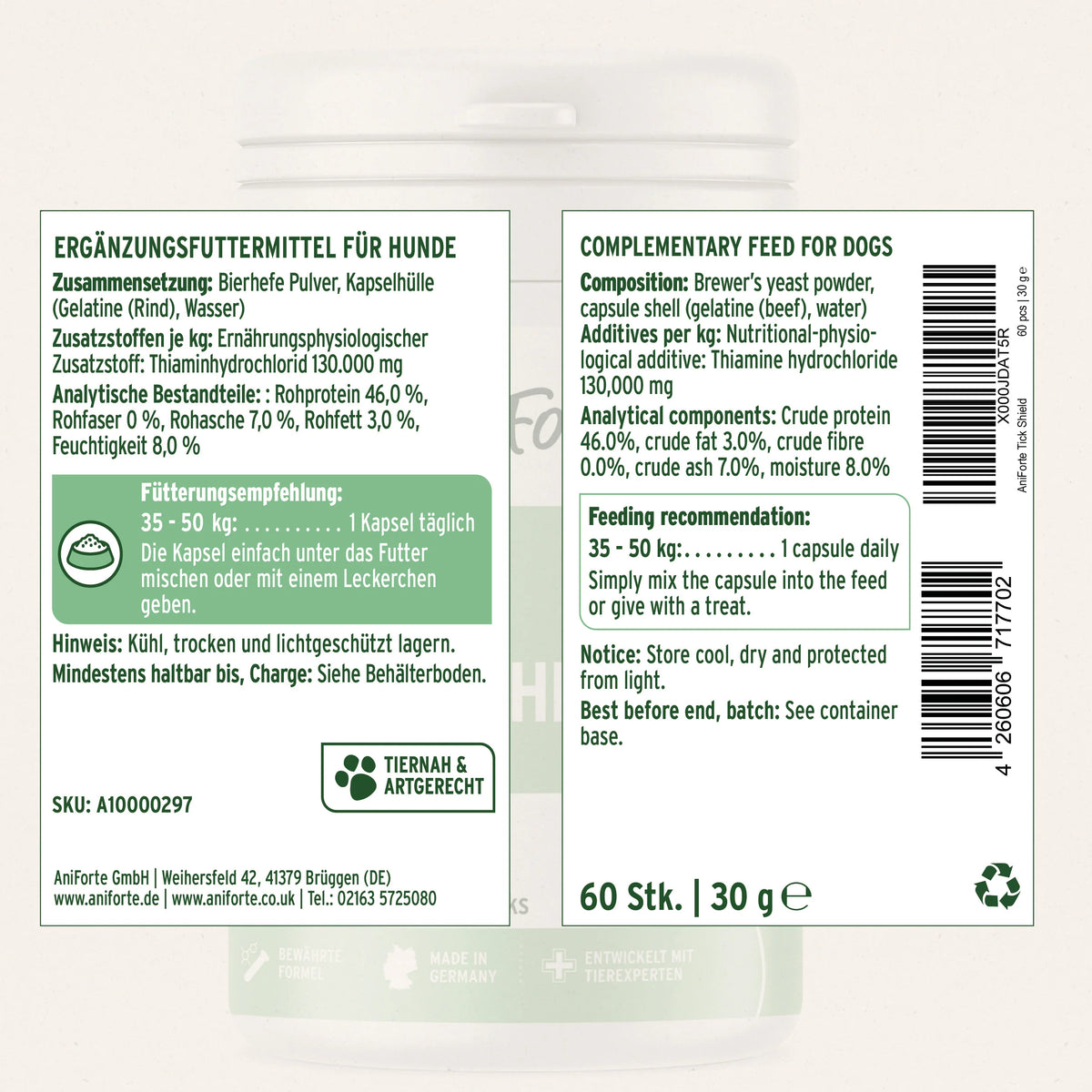 AniForte® ZeckenSchild Kapseln Unterstützt den Schutz vor Zecken mit Bierhefe & Vitamin B1, für Hunde