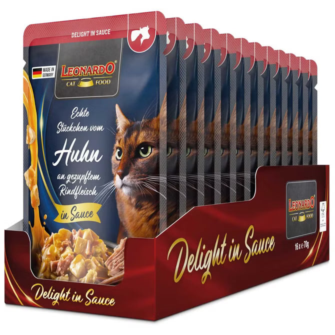 LEONARDO Delight in Sauce Huhn an gezupftem Rindfleisch 16 x 70 g