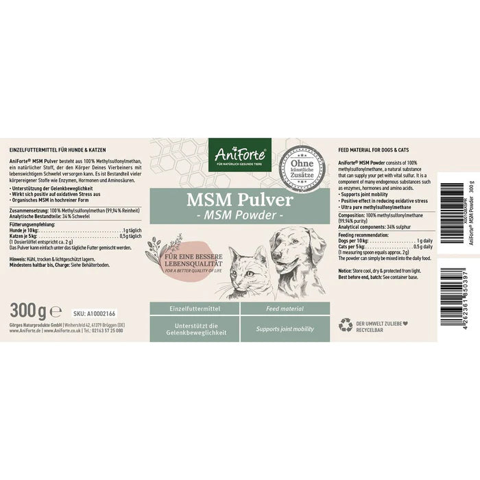AniForte MSM Pulver zur Unterstützung der Gelenkkraft für Hunde & Katzen, 300g