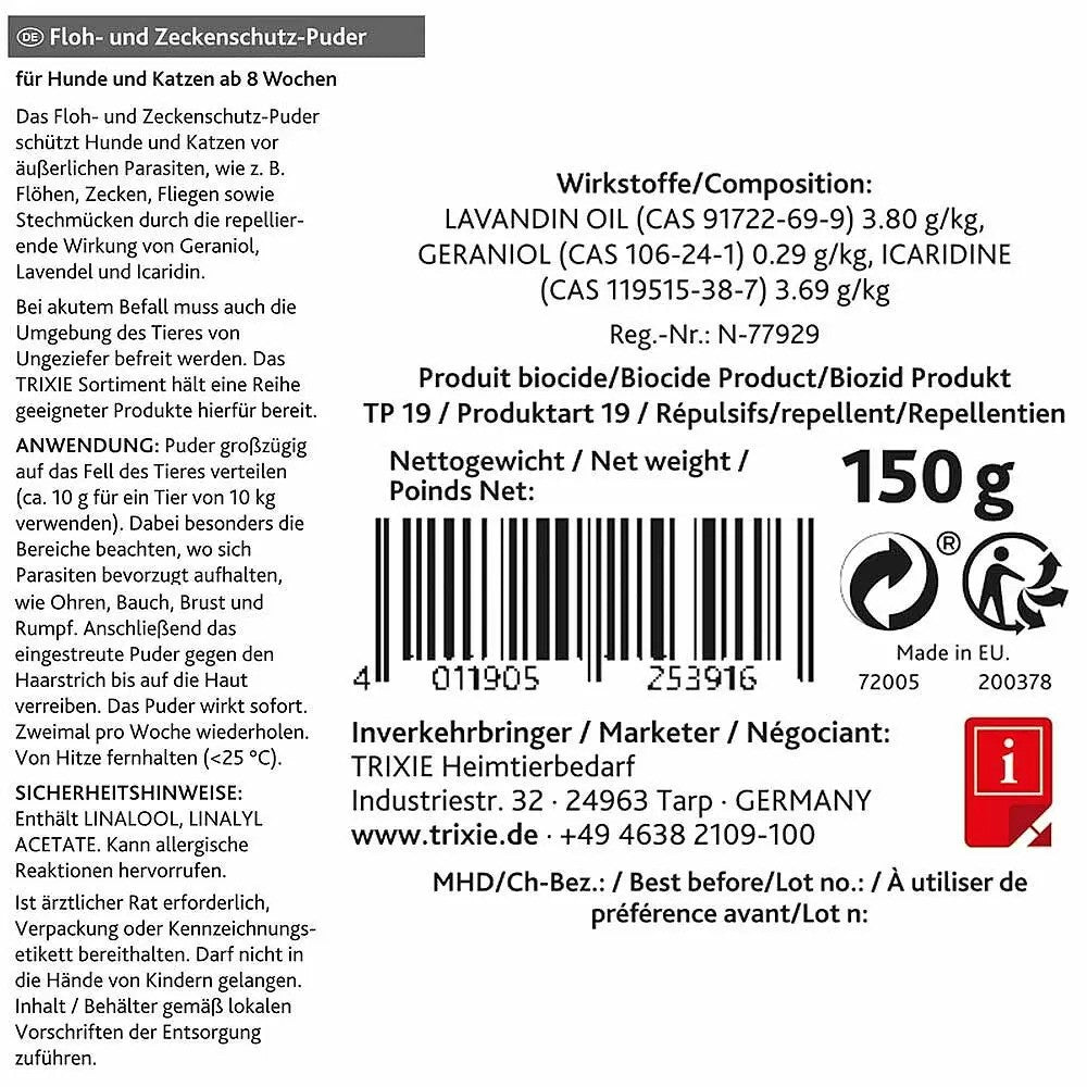 Trixie Floh- und Zeckenschutz-Puder, Biozidprodukt für Hunde und Katzen ab 8 Wochen, 150 gr.