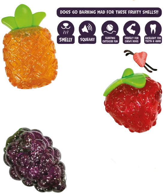 TUFFS x Dog Life Fruity mit Duft – Obst-Quietschspielzeug für Hunde