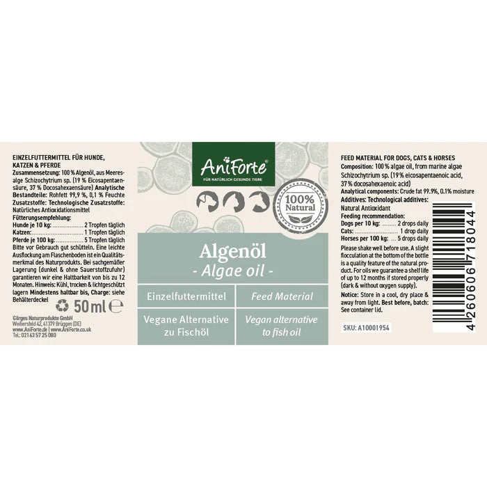 AniForte Algenöl - Veganes Omega-3 für Haut & Haar und zur Unterstützung des Stoffwechsels Hund, Katze, Pferd 50ml