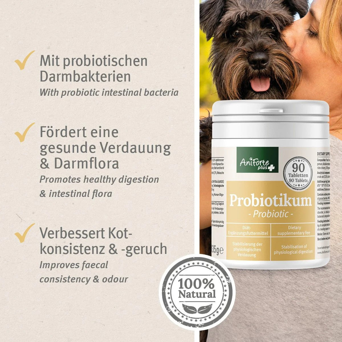AniForte® plus Probiotikum Tabs, Probiotika und Präbiotika für den Hund, Verbesserung der Kotqualität, 90 Tabs