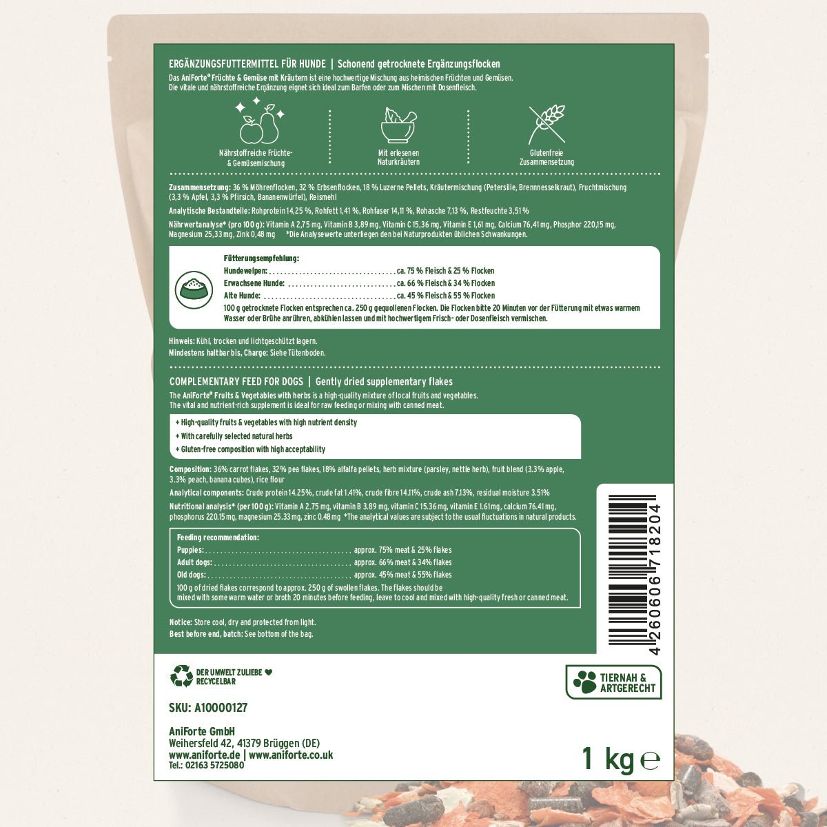 Aniforte BARF-Line Früchte & Gemüse mit Kräutern - Glutenfreie Flocken für Hunde