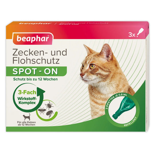 Beaphar Zecken- und Flohschutz SPOT-ON für Katzen, 3-fach Wirkstoffkomplex gegen Zecken, Flöhe, Mücken
