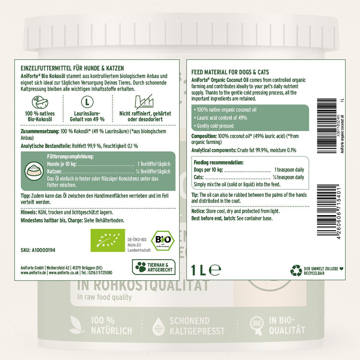 Aniforte Bio Kokosöl für Stoffwechsel & Immunsystem Hund & Katze