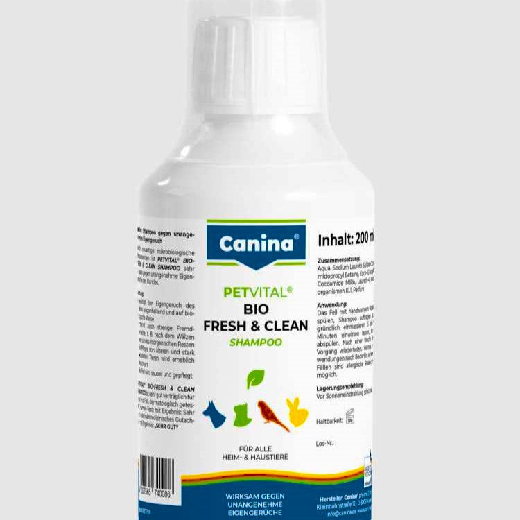 Canina PETVITAL Bio Fresh & Clean Shampoo gegen Eigen- und Fremdgerüche, auch nach dem Wälzen, 200 ml