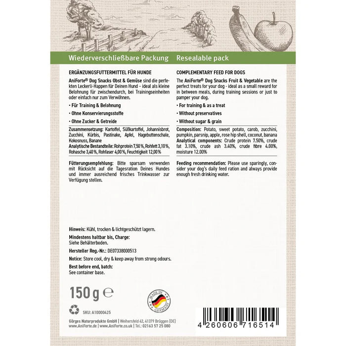 AniForte Dog Snacks Obst & Gemüse, vegetarische Leckerli für Training & Belohnung, 100 % Obst & Gemüse, 150g