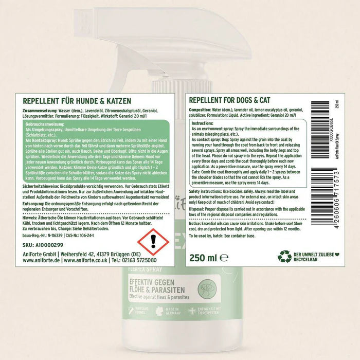 AniForte Floh-EX Spray, Repellent zur Flohabwehr am Tier und als Raumspray für Hunde & Katzen, 250ml