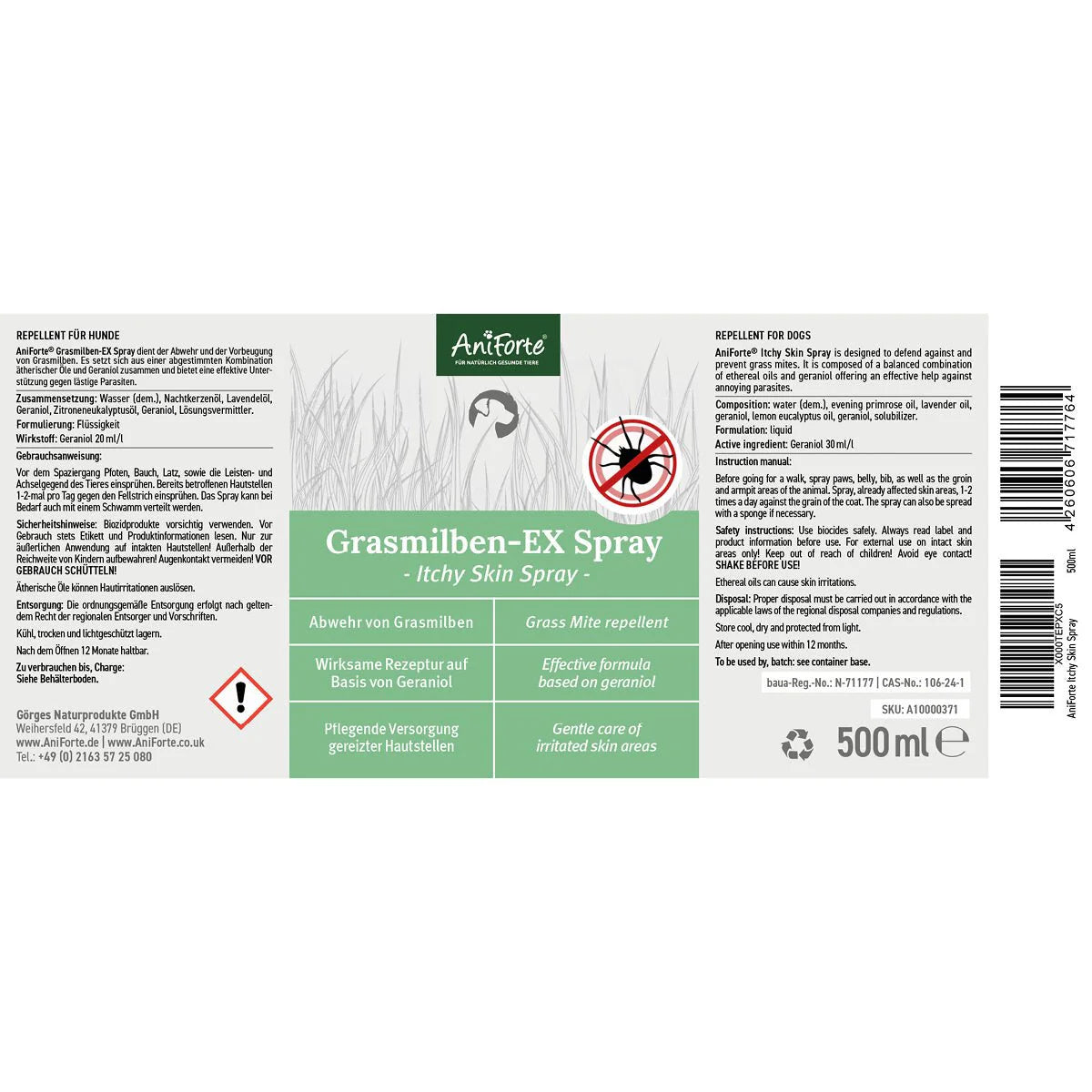 AniForte Grasmilben-EX Spray - Repellent zur Grasmilbenabwehr mit Pflege gereizter Hautstellen, für Hunde