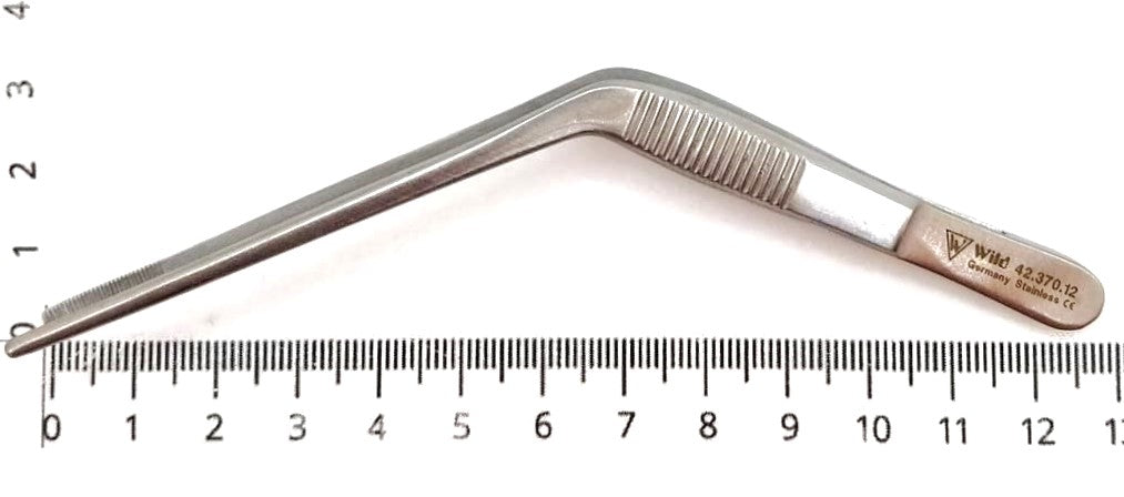Pinzette gewinkelt - Ohrhaare Zupfpinzette, Vogelfütterungspinzette, stumpf, gezahnt, 12cm