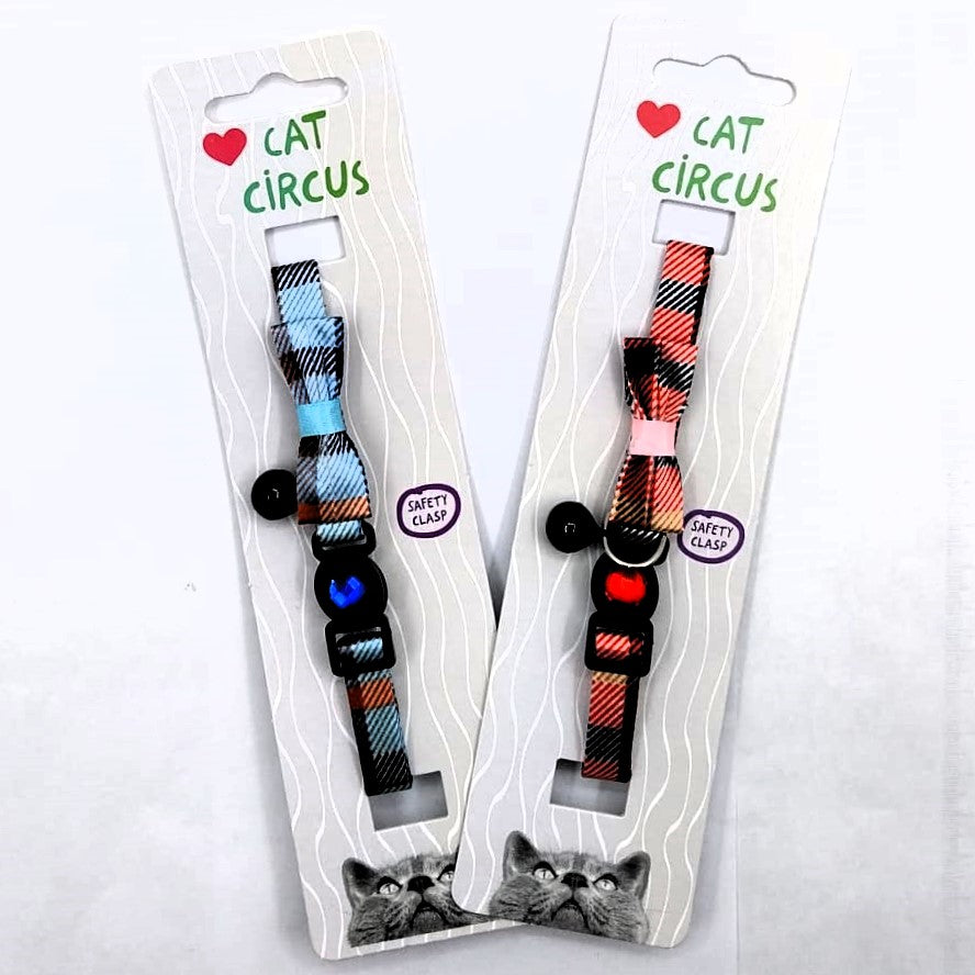 Cat Circus Katzenhalsband - Cat Collar, kariert Schleife-Sicherheitsverschluss mit Zierstein, 19 - 26 cm