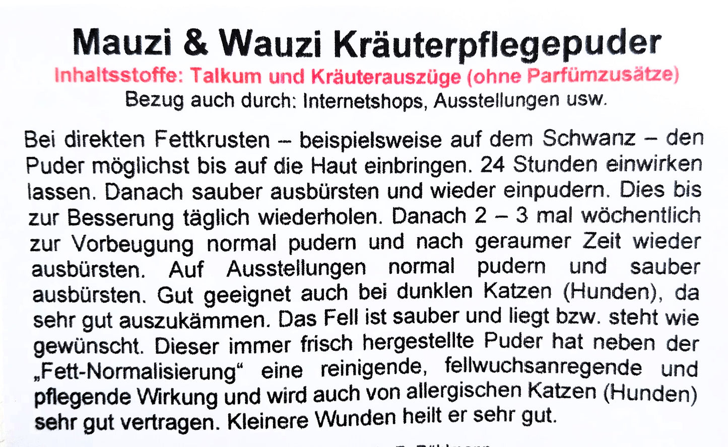 Mauzi&Wauzi Puder Kräuterpuder Pflegepuder Katzenpuder Hundepuder versch. Größen