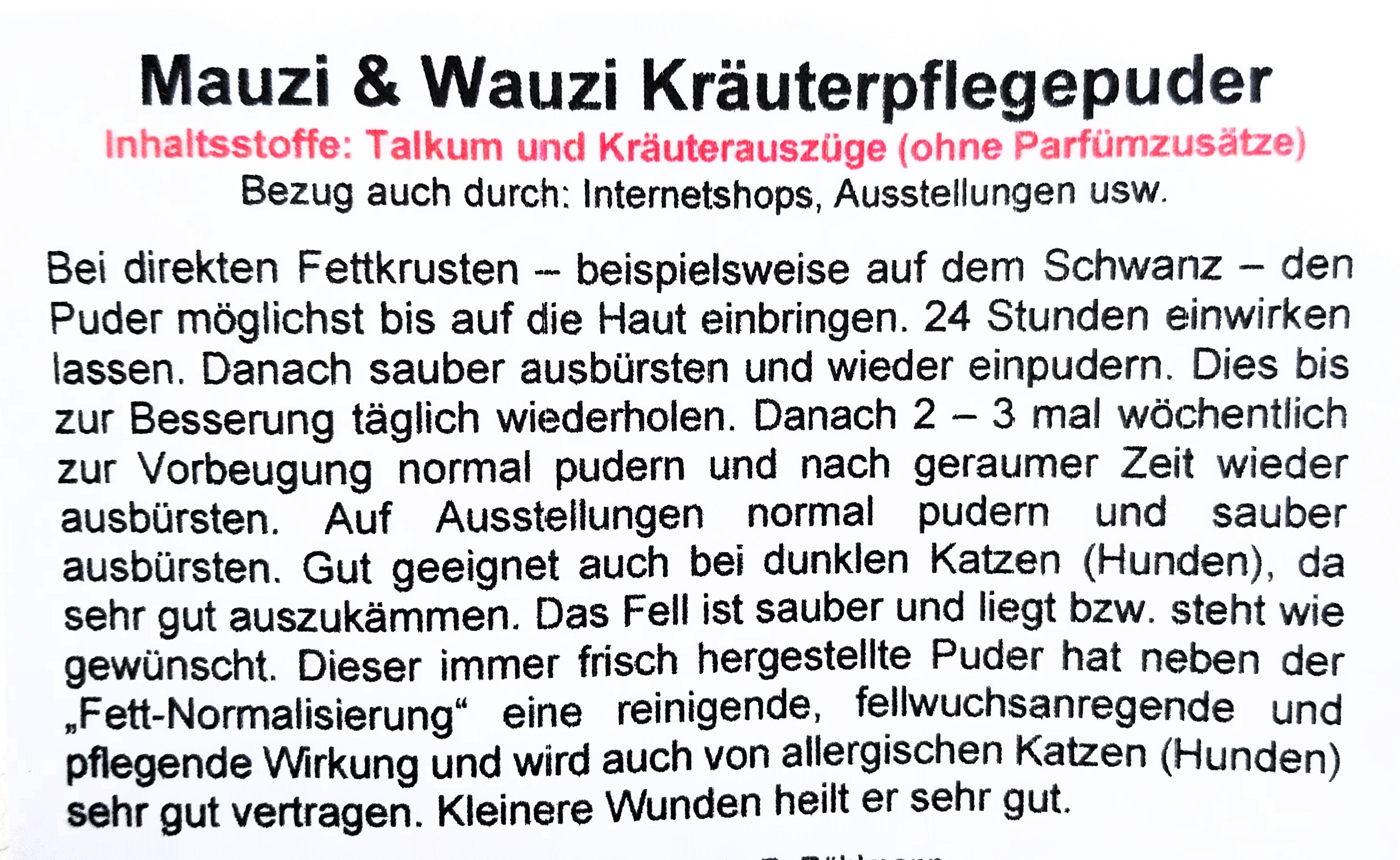Mauzi & Wauzi Kräuterpuder fettiges Fell Pflegepuder Fettschwanz Hund Katze