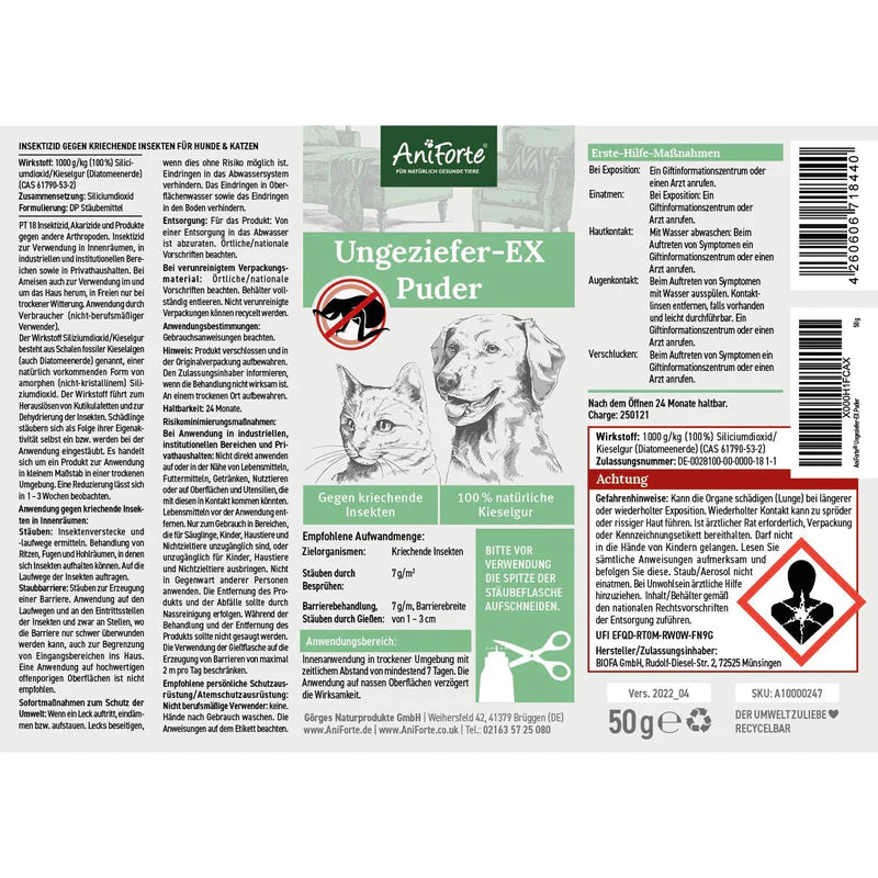 AniForte® Floh-Ex Puder, Ungeziefer-EX Puder, gegen Katzenflöhe, Tierläuse, Käfer & Co. 50 gr.
